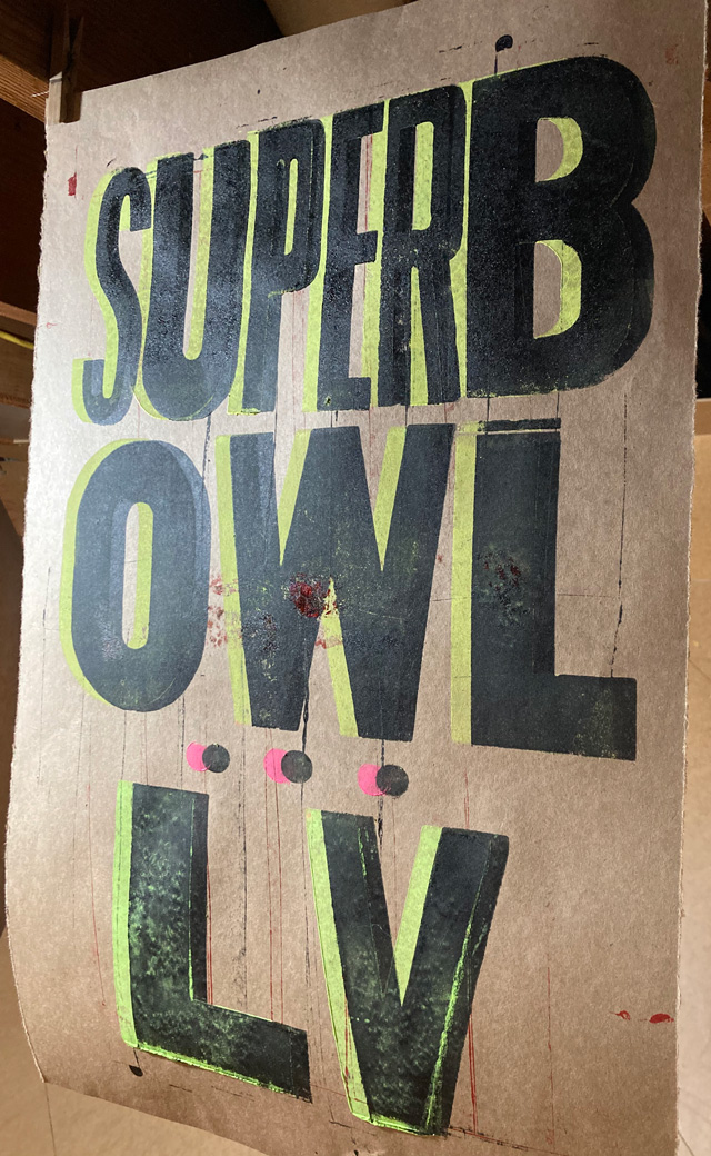 Letterpress print SUPERB OWL LV black letters over fluorescent pink and yellow letters