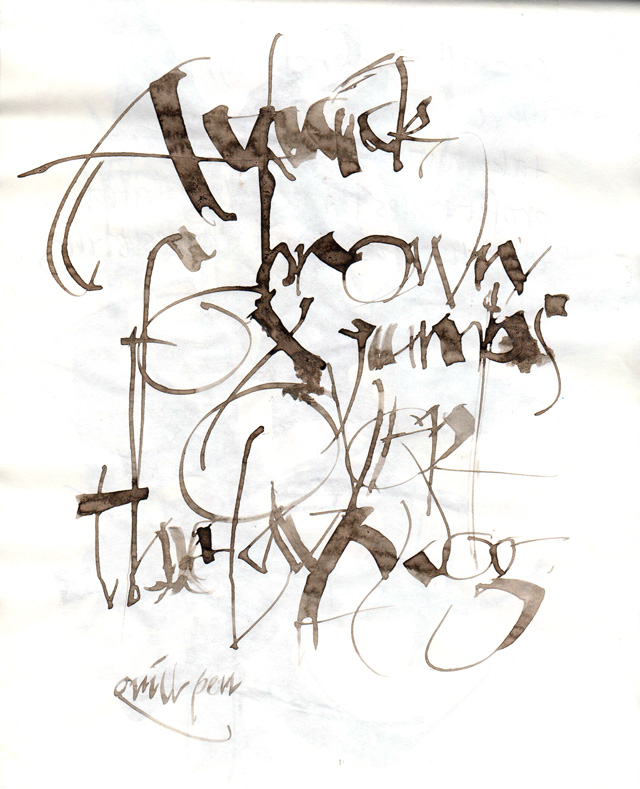 Rough lettering of A quick brown fox jumps over the lazy dog written with a quill pen manipulated the pen to vary the line thickness within the letters