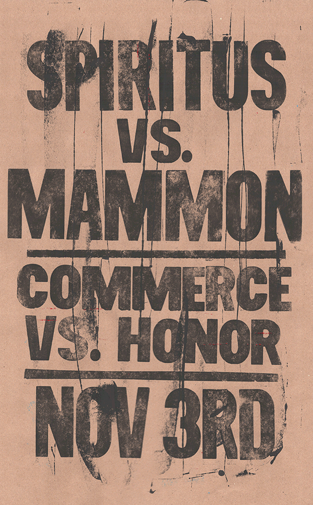 animation of four impressions of a letterpress print in the style of a boxing card poster that reads - SPIRITUS VS. MAMMON COMMERCE VS. HONOR NOV 3RD